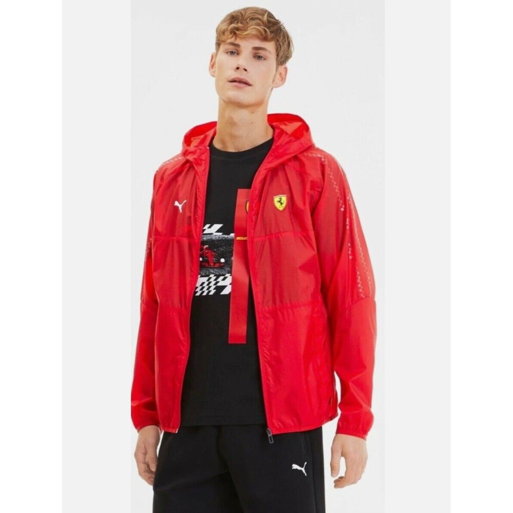 Puma Vintage Super Rare Ferrari Windbreaker Jacket Red Hood Nylon Glanz Medium